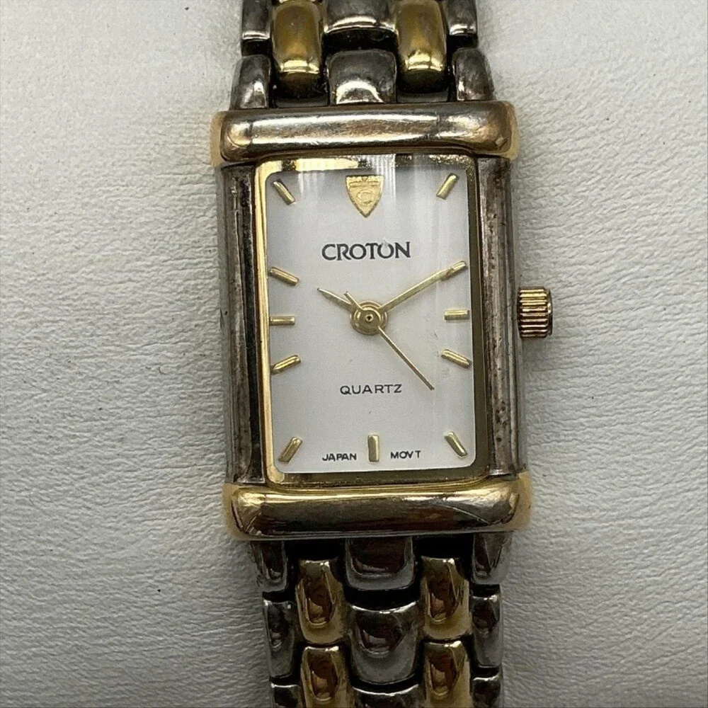 Croton Womens Watch 17mm White Dial Two Tone 23K Gold Plated New Battery 7